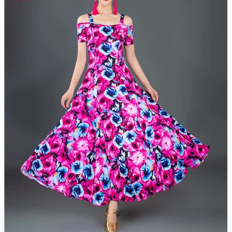 Blue with pink flowers ballroom dance dresses for women girls waltz tango foxtrot smooth dance long swing skirts gown for lady